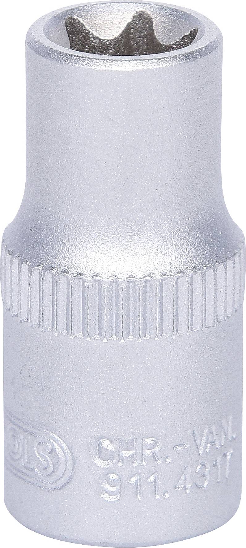 Stecknuss aus Chrom-Vanadium-Stahl, zylindrisch mit einer Rändelung für besseren Halt, graviert mit Beschriftung und Logo.