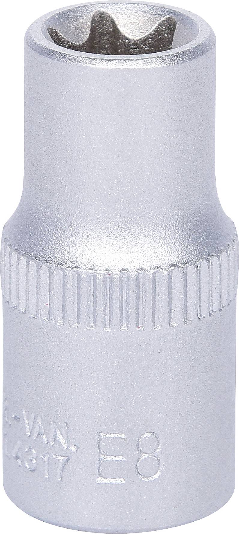 Ein silberner Torx-Steckschlüssel der Größe E8 mit geriffelter Oberfläche für besseren Griff.