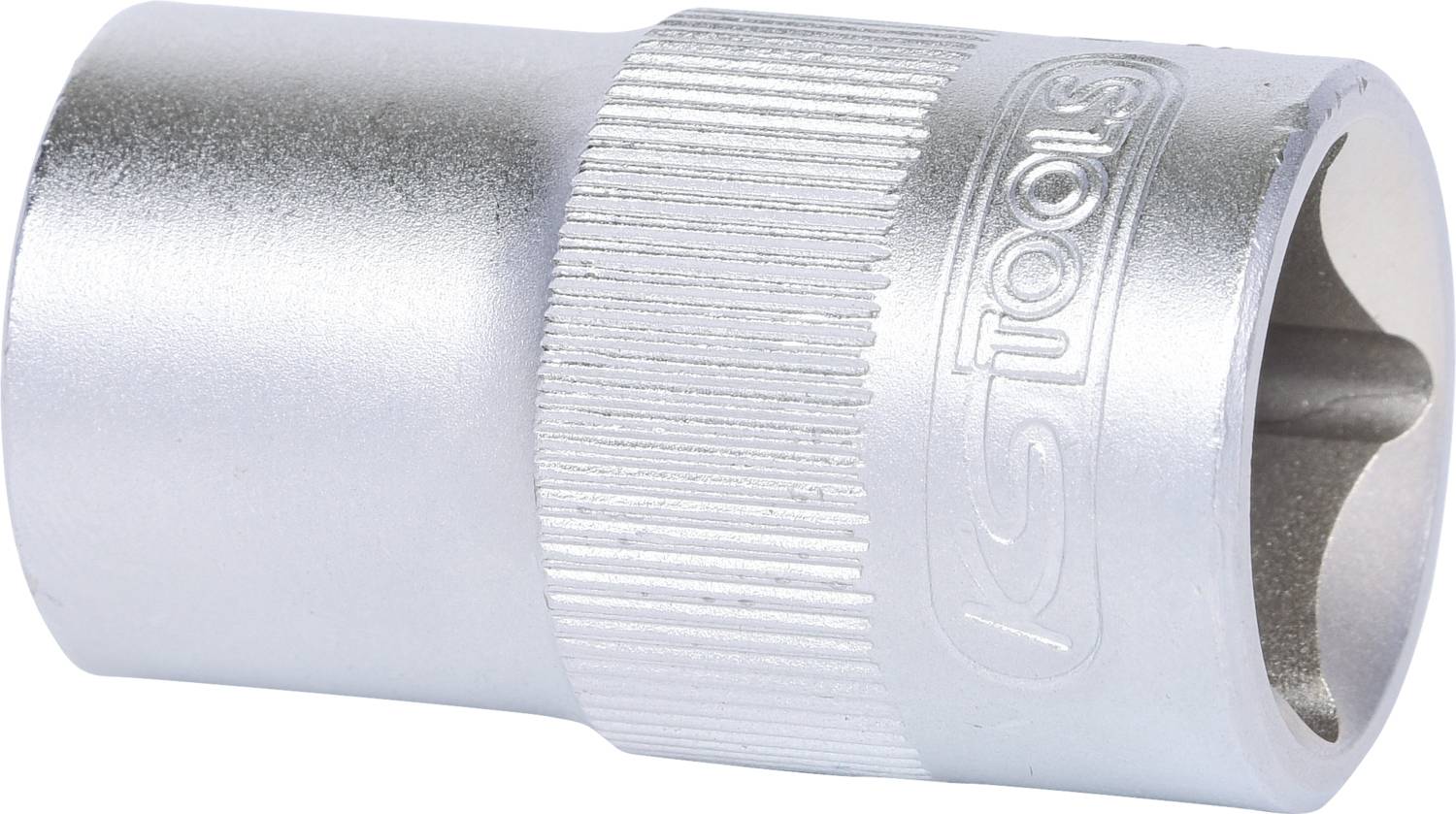 Eine silberne Stecknuss mit geriffeltem Griff, geprägt mit dem Logo einer Werkzeugmarke.