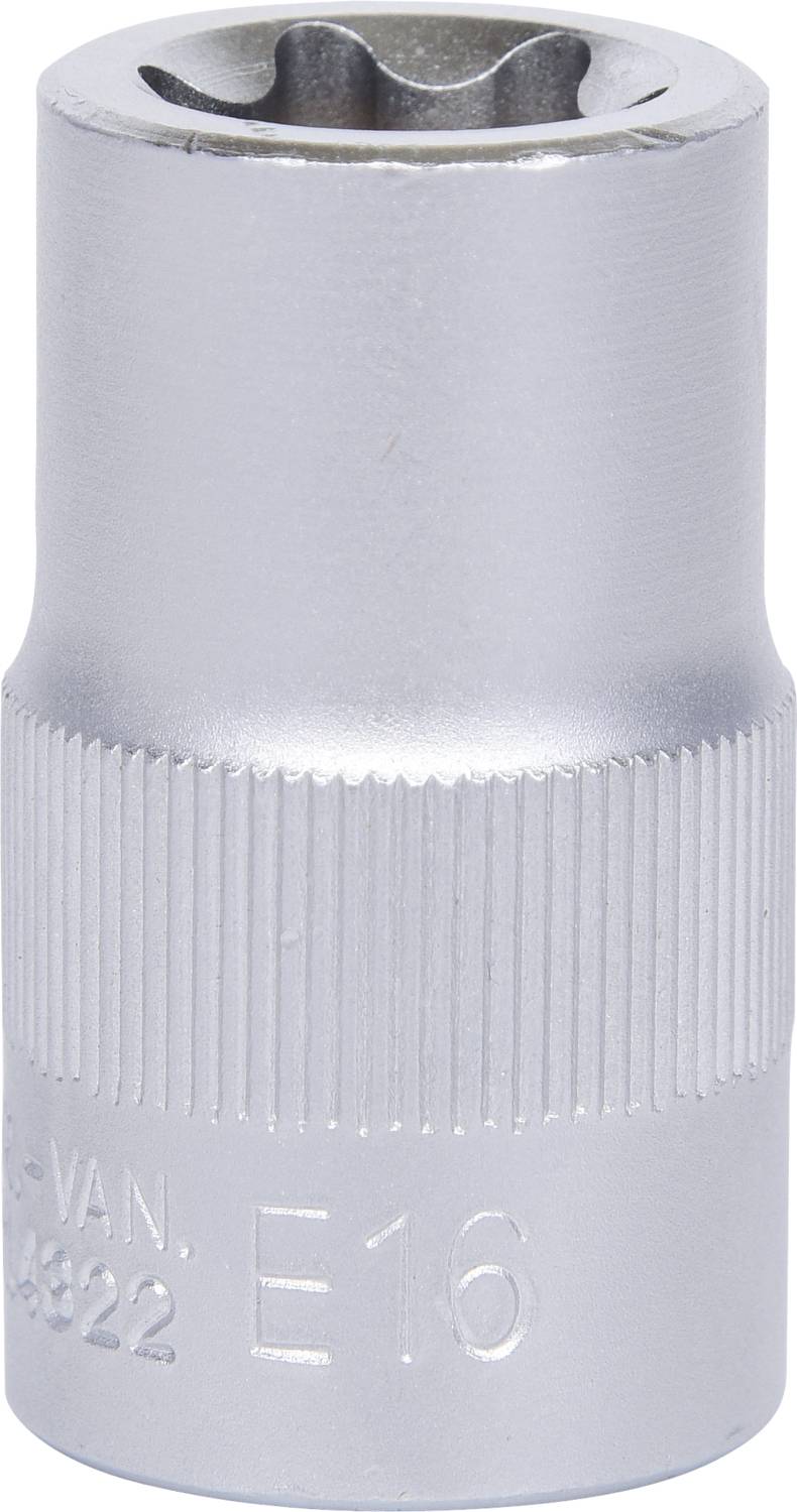 Stecknuss mit E16-Prägung, zylindrisch und silbern. Verwendet zum Festziehen oder Lösen von Schrauben mit passender Kopfgröße.