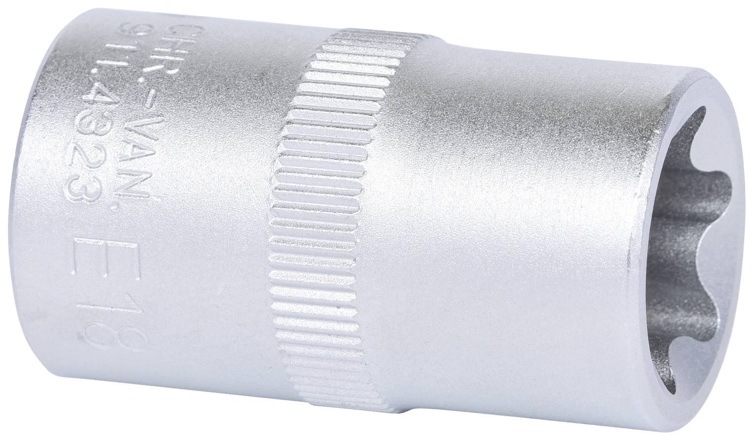 Silberne Stecknuss mit geriffeltem Griff und Gravur auf der Seite, geeignet für Werkzeuge oder mechanische Arbeiten.