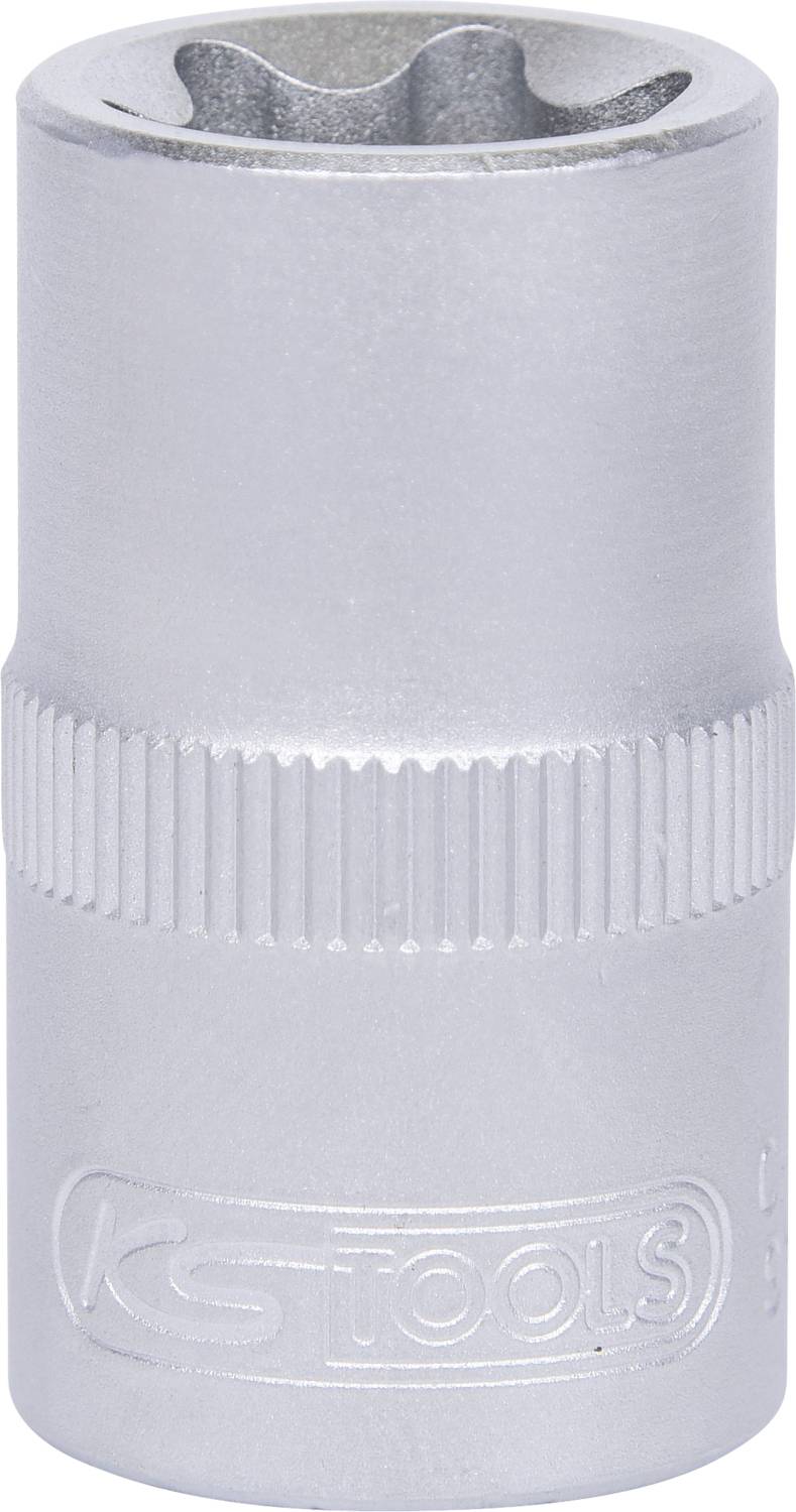 Eine silberne Stecknuss von KS Tools, zylindrische Form mit geriffeltem Mittelteilstück.