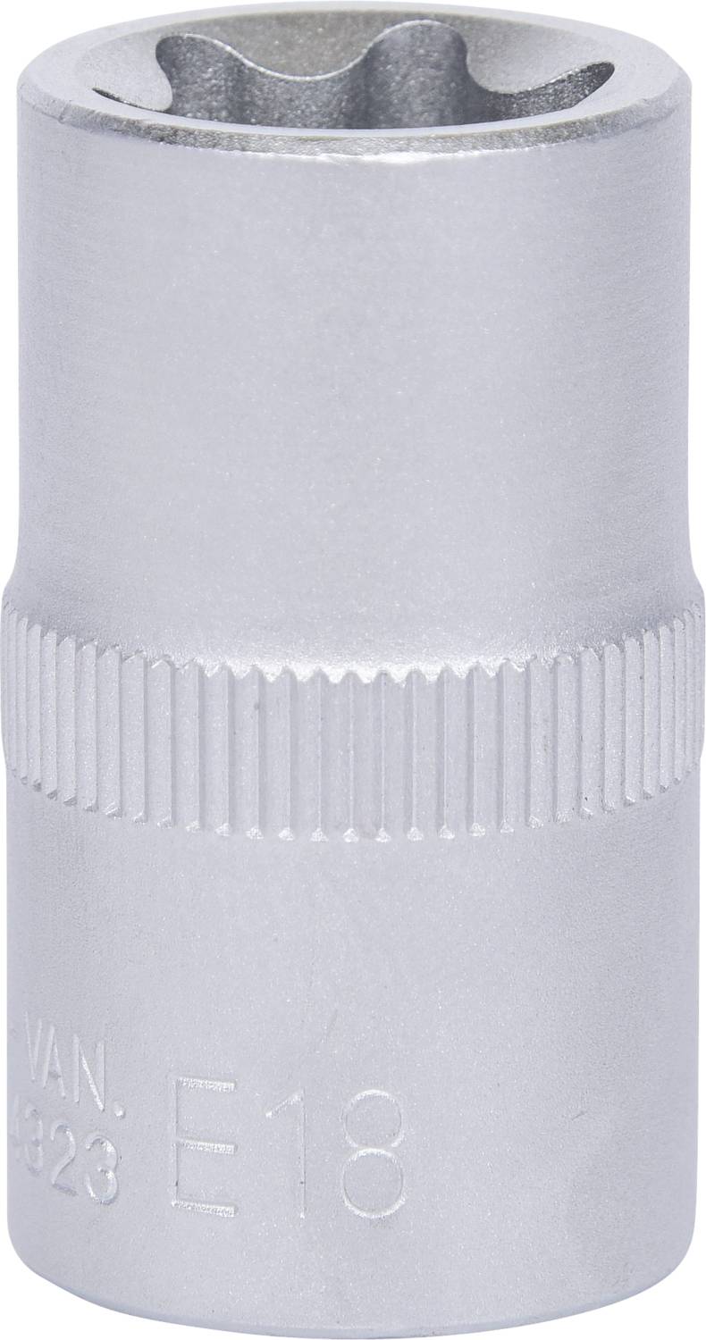 Steckschlüssel der Größe E18 aus Metall, zylindrische Form, mit einer geriffelten Grifffläche.