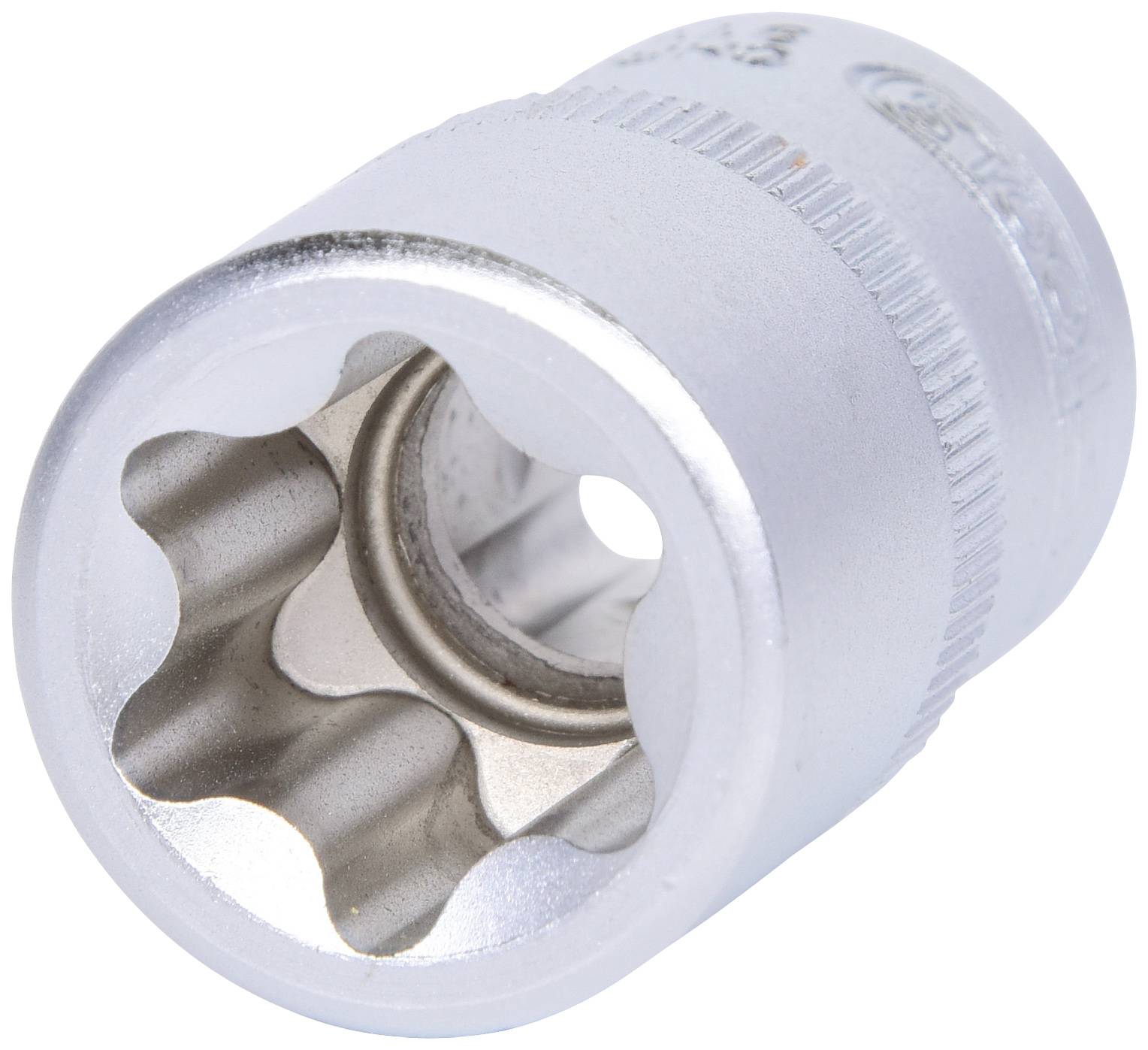 Abbildung eines silbernen Steckschlüssels mit sternförmiger Öffnung, zur Verwendung beim Anziehen oder Lösen von Schrauben und Muttern.