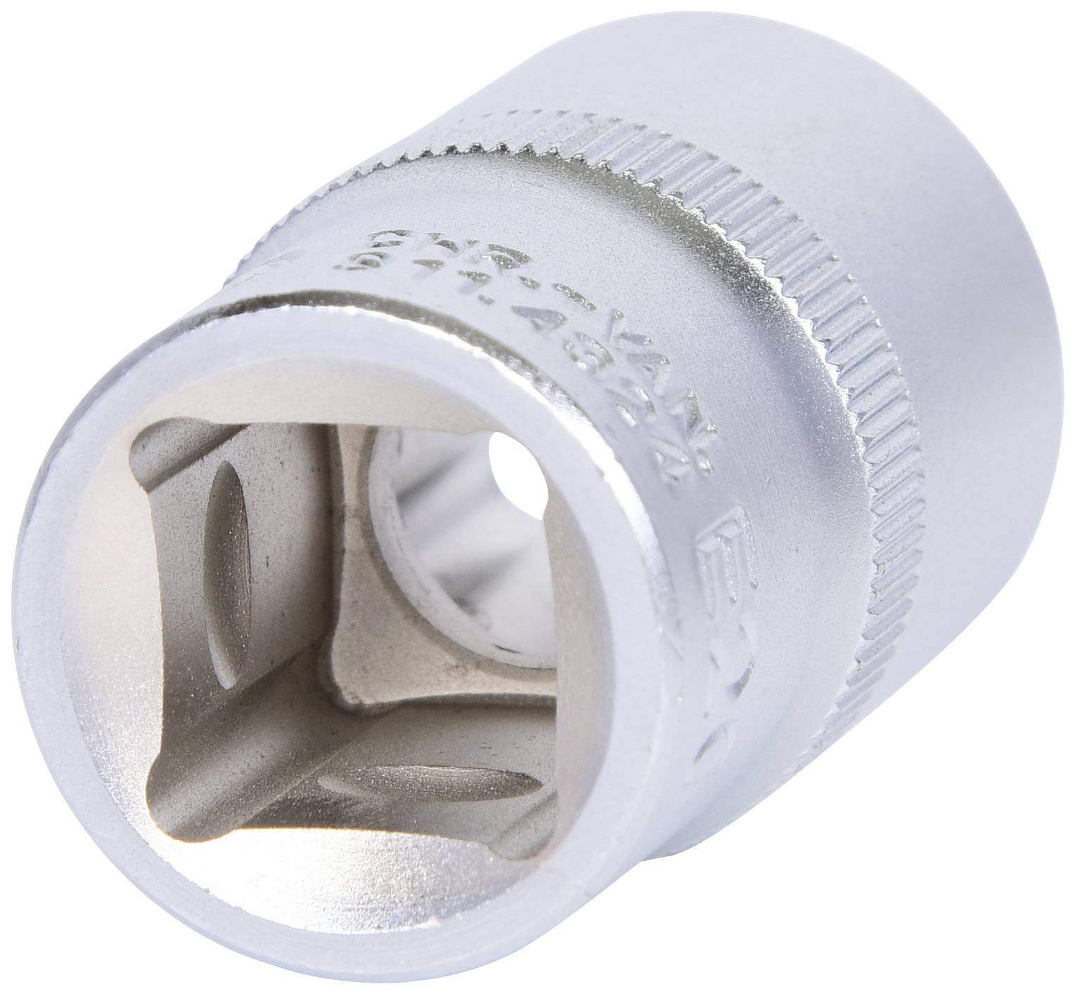 Silberne Steckschlüssel-Aufnahme aus Metall, rund und zylindrisch, mit geriffelter Kante zur besseren Handhabung.