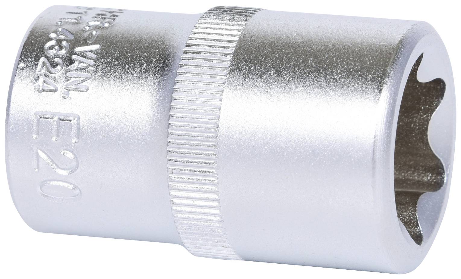 Metall-Steckschlüssel mit der Aufschrift 'E20', zylindrische Form mit geriffelter Mitte, silberfarben.