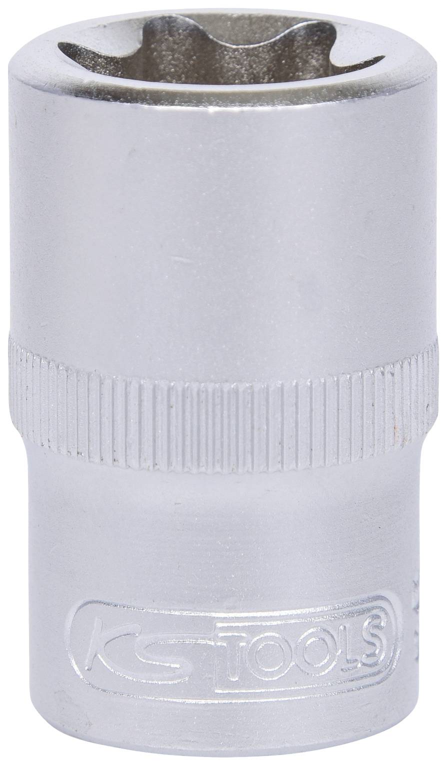 Metallische Stecknuss mit sechskantiger Öffnung. Eingeprägtes Logo 'KS TOOLS'. Standard-Werkzeug für Schraubverbindungen.