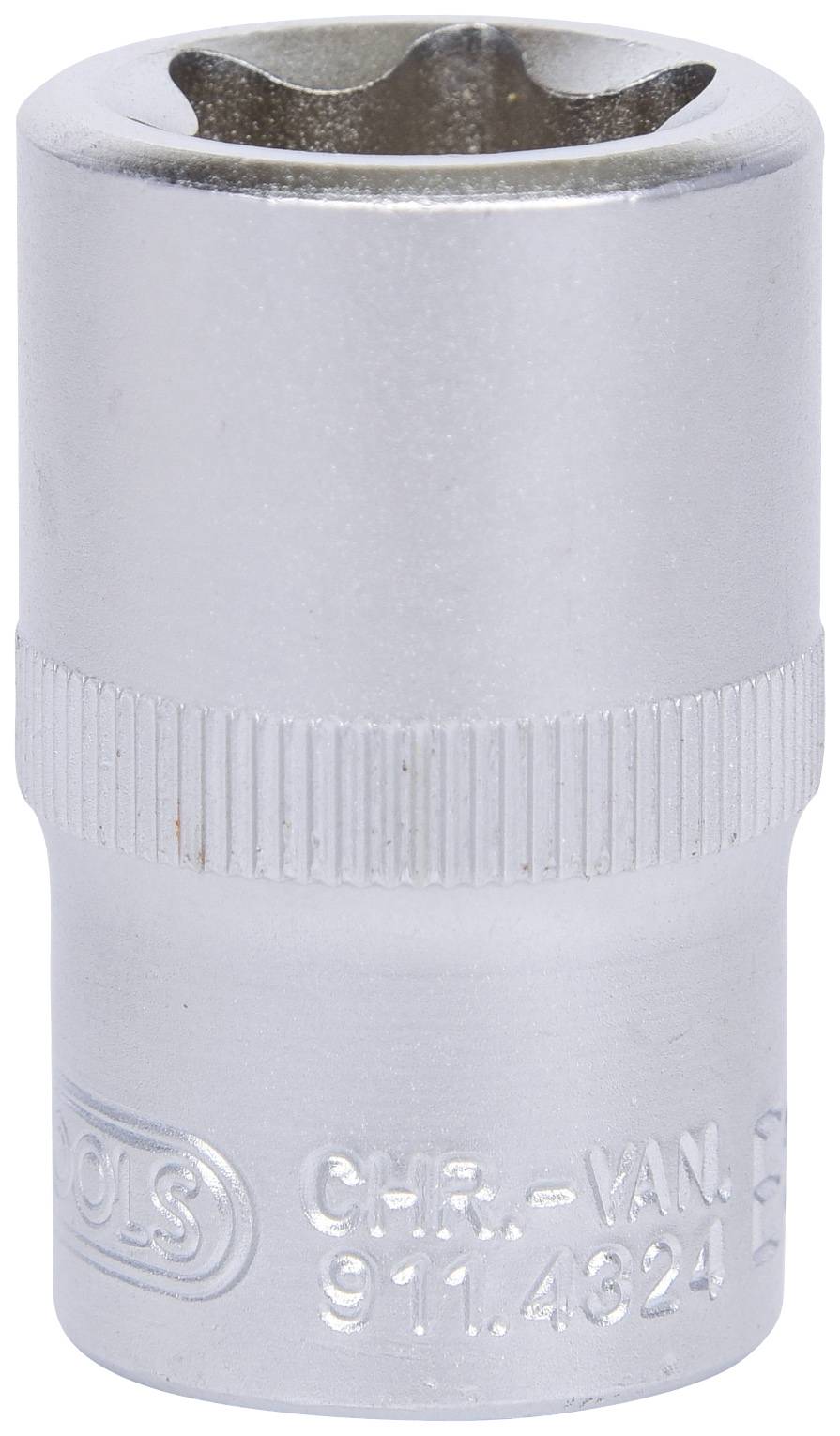 Eine metallische Sechskant-Stecknuss, typisch für den Einsatz mit einem Steckschlüssel, aus chrom-vanadium Stahl hergestellt.