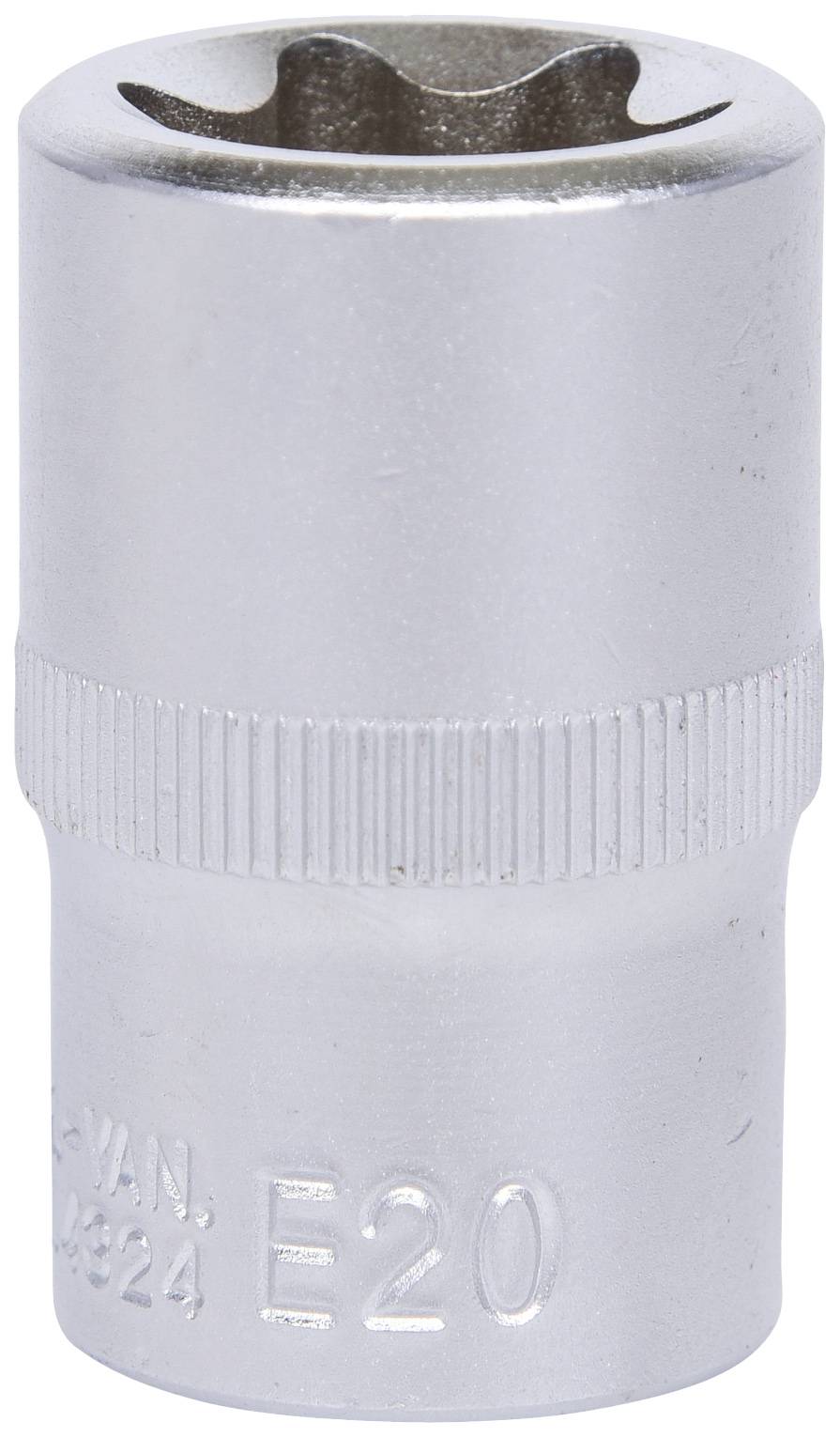 Eine silberne Sechskant-Stecknuss, gekennzeichnet mit 'E20', wird zur Befestigung und Lösung von Schrauben verwendet.