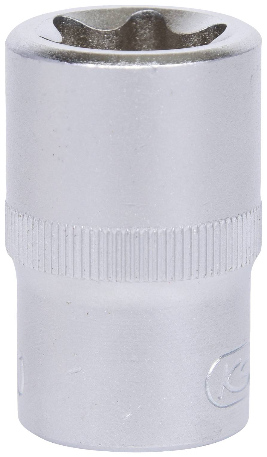 Ein einzelner silberner Steckschlüsselaufsatz aus Metall, zylindrisch geformt, mit gerändeltem Bereich zur besseren Griffigkeit.