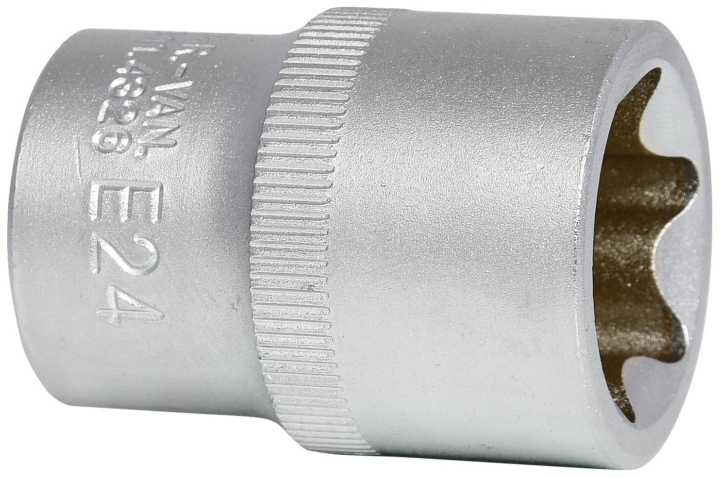 Eine silberne Vielzahn-Stecknuss, Größe E24, mit Riffelung zur besseren Griffigkeit.