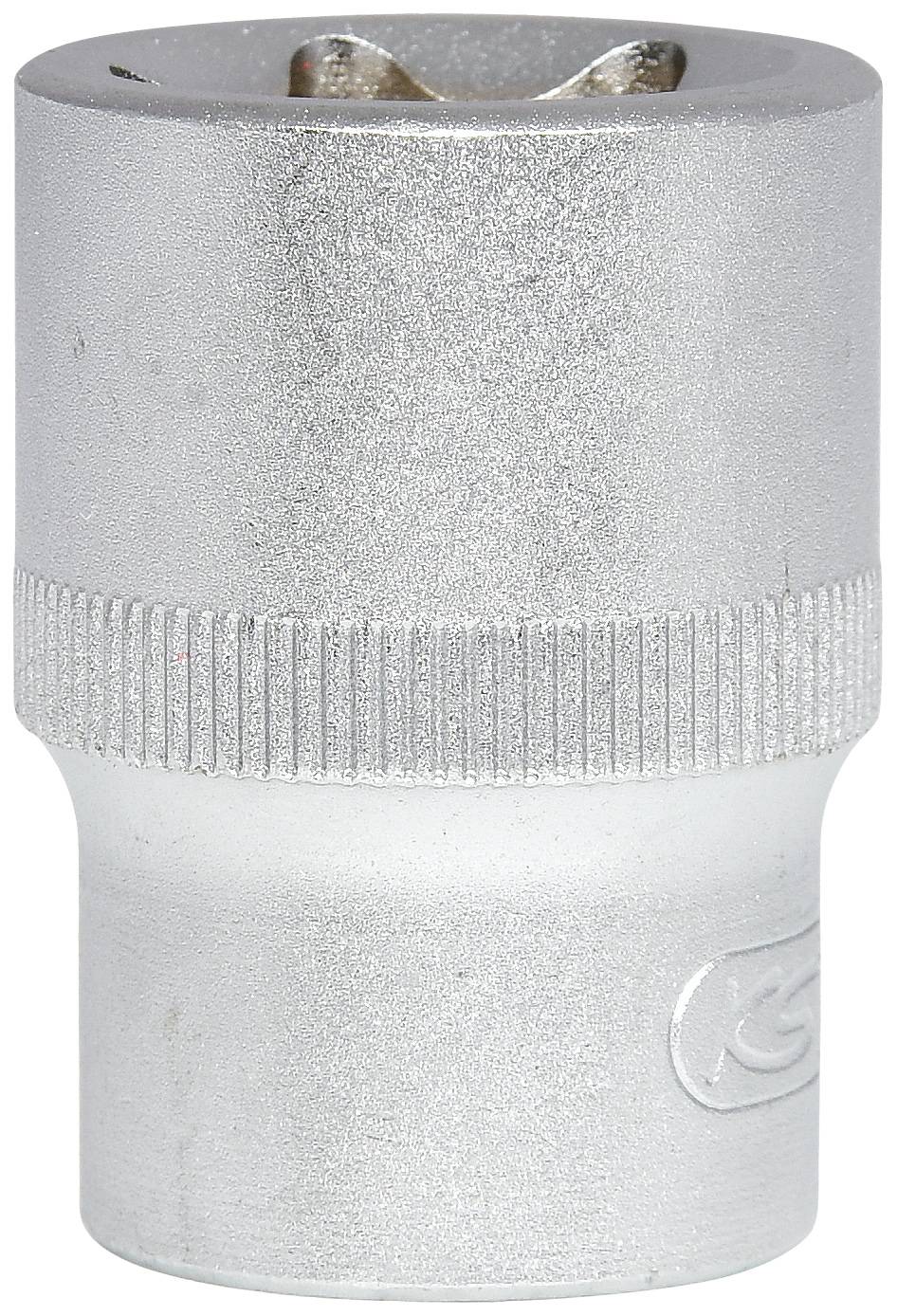 Eine silberne, zylindrische Metallhülse mit einer gerippten Oberfläche in der Mitte, die eine gleichmäßige Struktur aufweist.