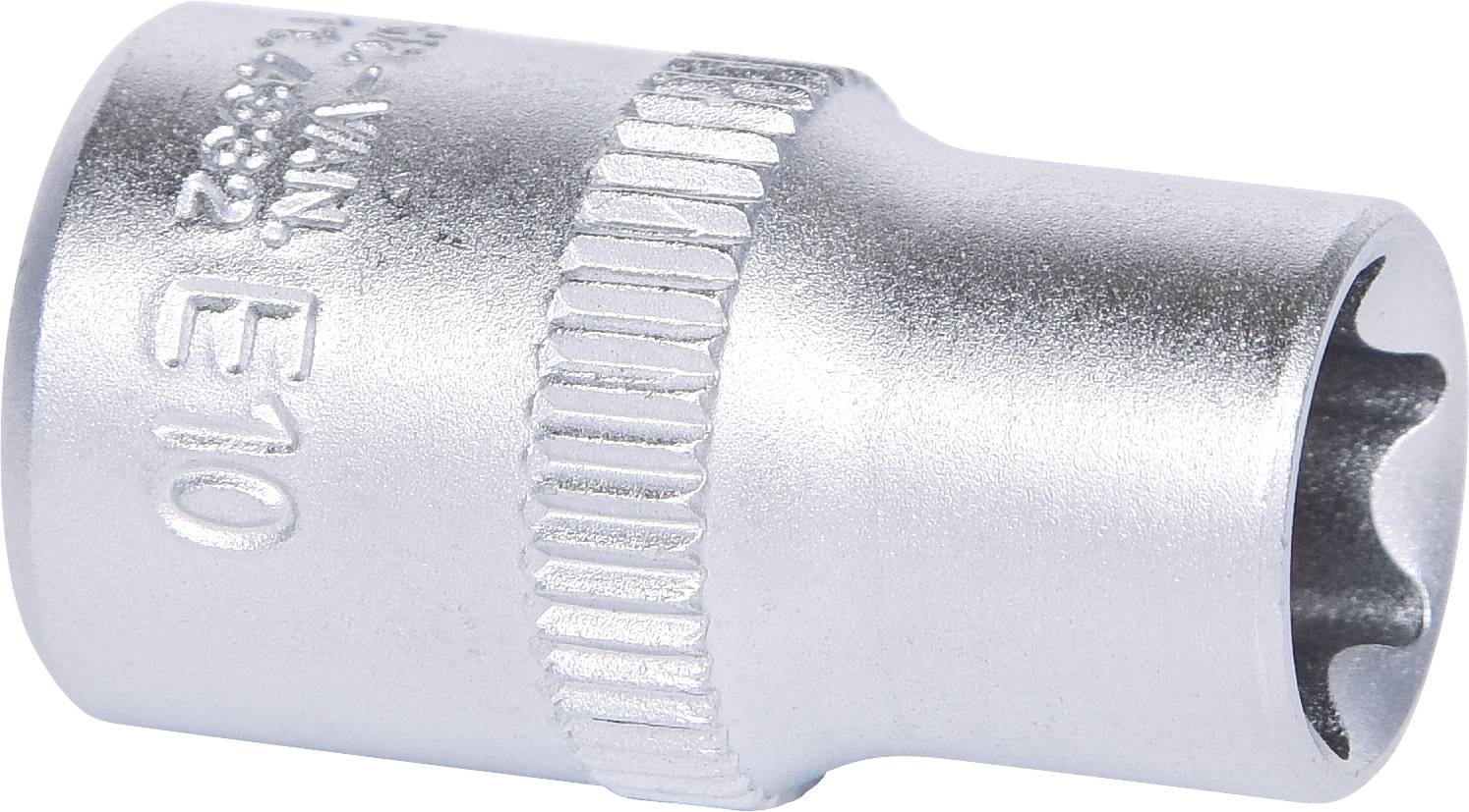 Metallische Torx-Stecknuss E10, mit geriffeltem Griff für besseren Halt, glänzende Oberfläche.