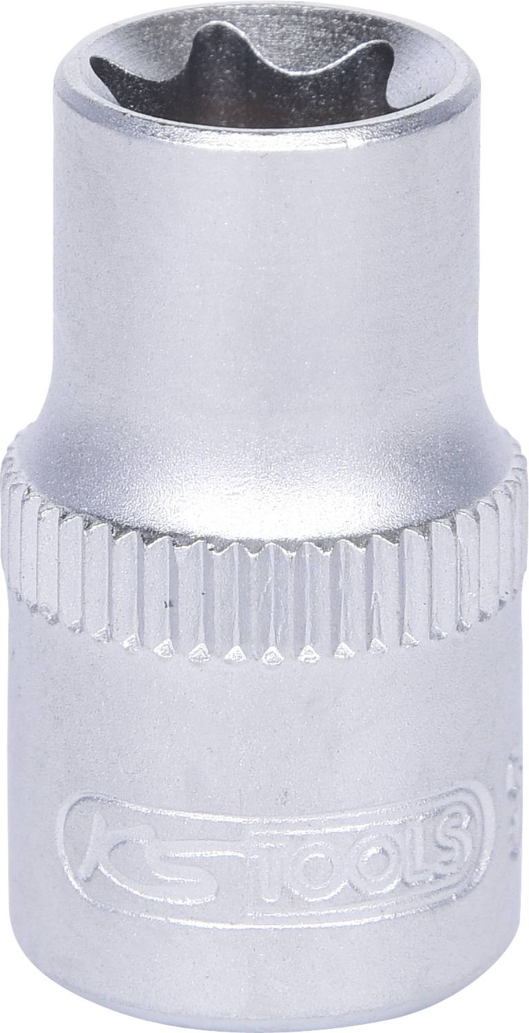 Silberne Stecknuss mit gerändeltem Stanzmuster und eingeprägtem Logo. Entworfen für den Gebrauch mit Schraubendreher oder Ratsche.