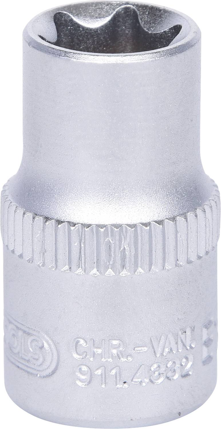 Eine silberne Stecknuss mit sechskantigem Innenprofil und gerändeltem Griff. Aufschrift: 'CHR-VAN 911.4332'. Werkzeug zur Schraubarbeit.