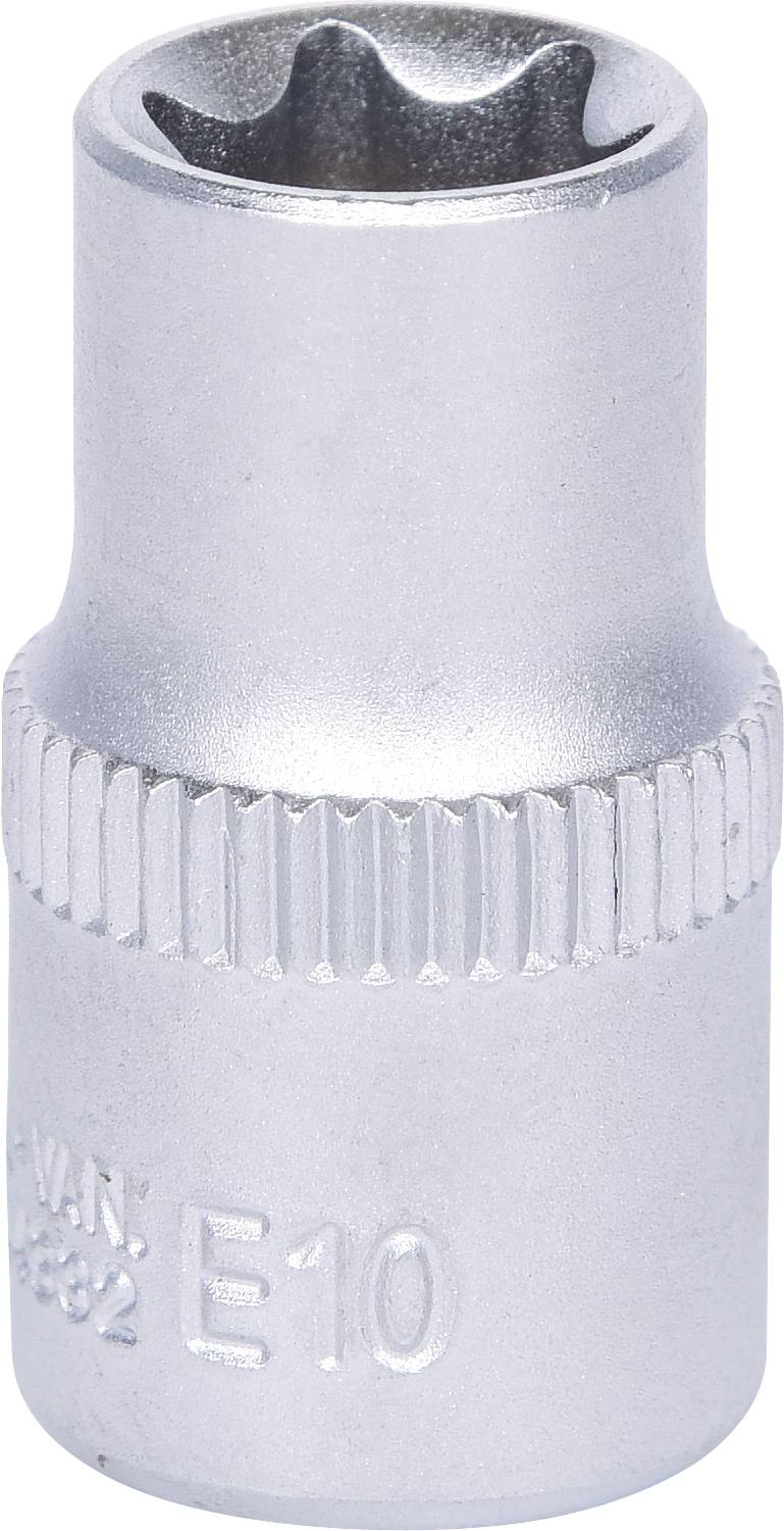 Ein silberner E10-Torx-Steckschlüssel mit geriffeltem Hals. Verwendet zur Befestigung von Torx-Schrauben.