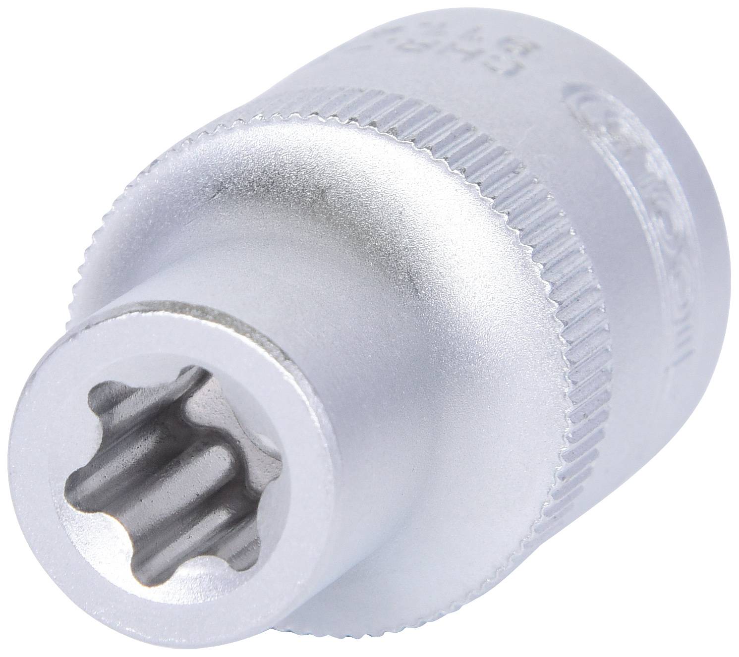 Metallsockel mit gezahnter Öffnung, vermutlich ein Werkzeugaufsatz, vor weißem Hintergrund.