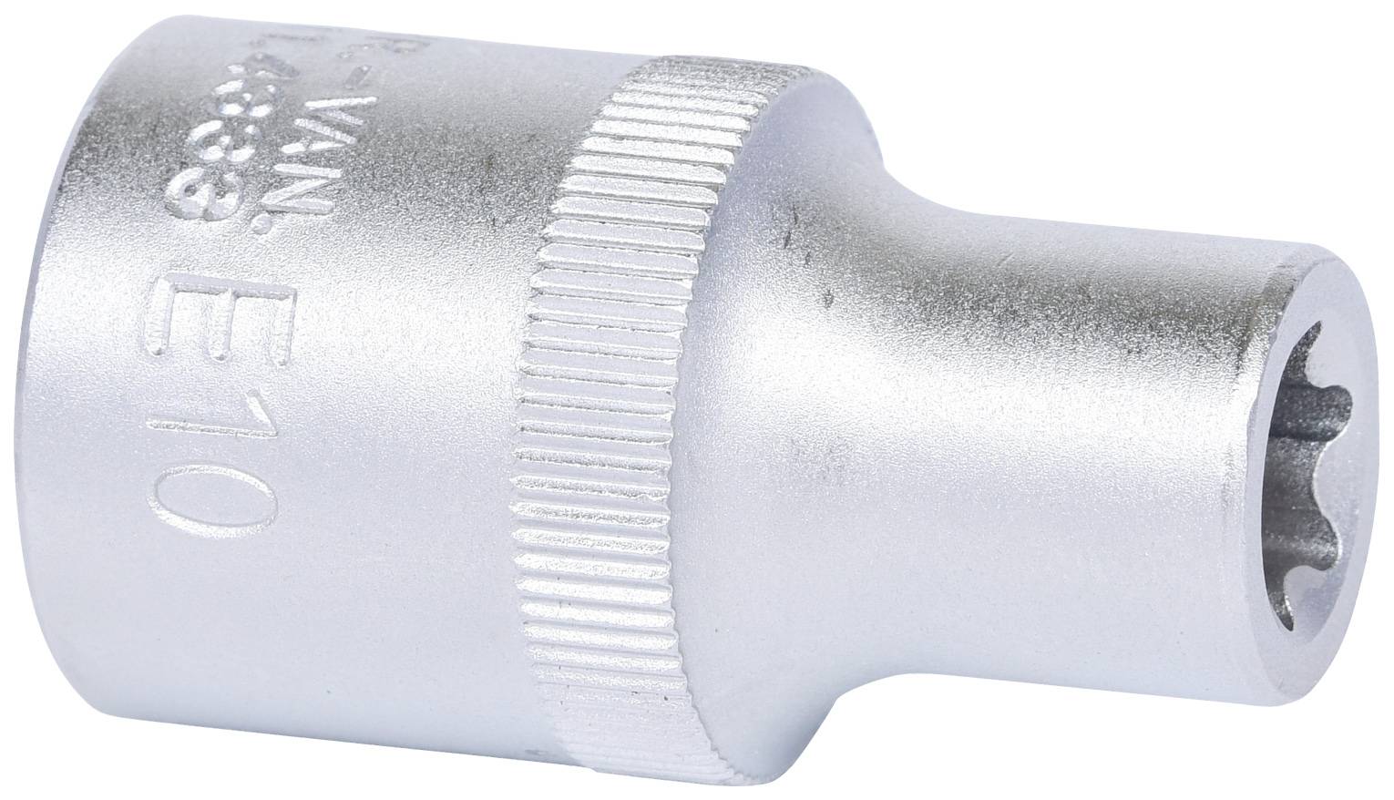 Metallische Stecknuss mit geriffeltem Griff und geprägter Größe 'E10'.