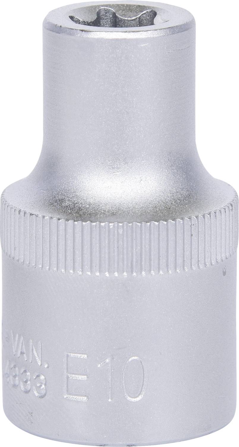 Ein silberner Torx-Steckschlüssel, Größe E10, aus Metall.