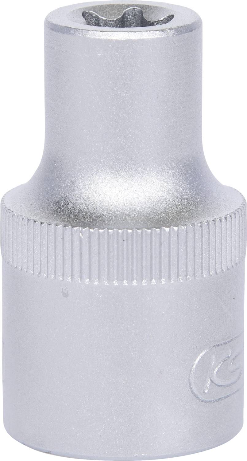 Eine silberne Stecknuss mit geriffeltem Griff und sechskantiger Öffnung, verwendet für das Anziehen oder Lösen von Schrauben.