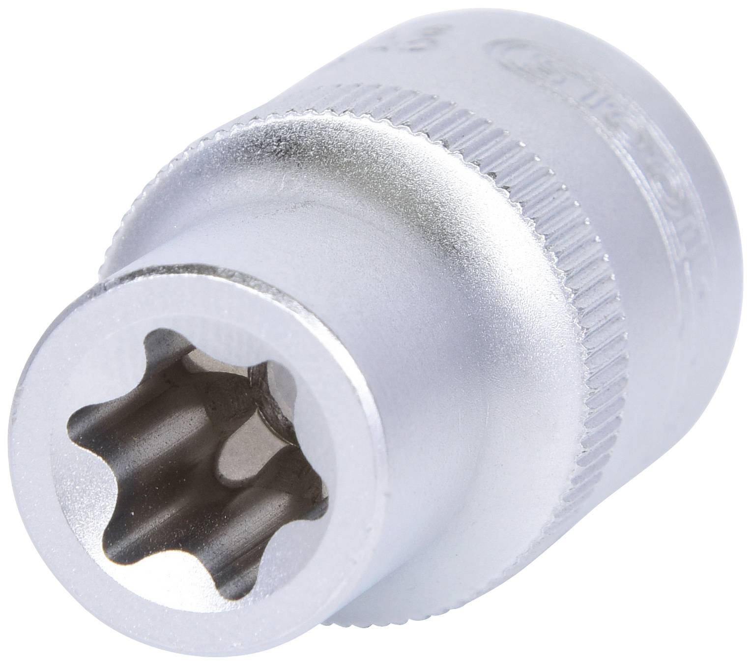 Silberne Torx-Nuss mit sechszackiger Öffnung, verwendet für das Anziehen oder Lösen von Schrauben.