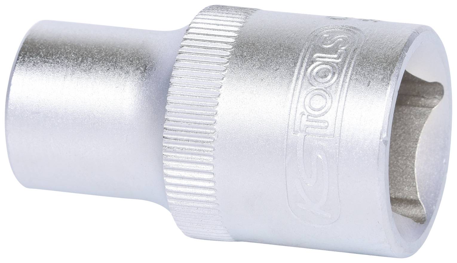 Metallschlüsselaufsatz mit geriffeltem Griff, zylindrischer Form und geprägtem Logo auf der Seite, vor weißem Hintergrund.
