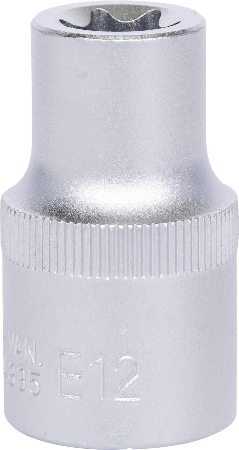 Metall-Stecknuss mit der Aufschrift 'E12', zylindrische Form, gerändelter Rand für besseren Griff, silberne Farbe.