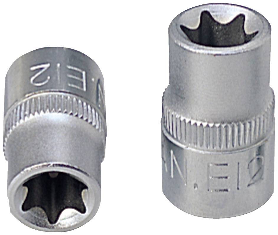 Zwei silberne Steckschlüsselaufsätze mit Vielzahnprofil, links mit Aufschrift 'E12', rechts mit Aufschrift 'IN.E12', zeigen verschiedene Ansichten.
