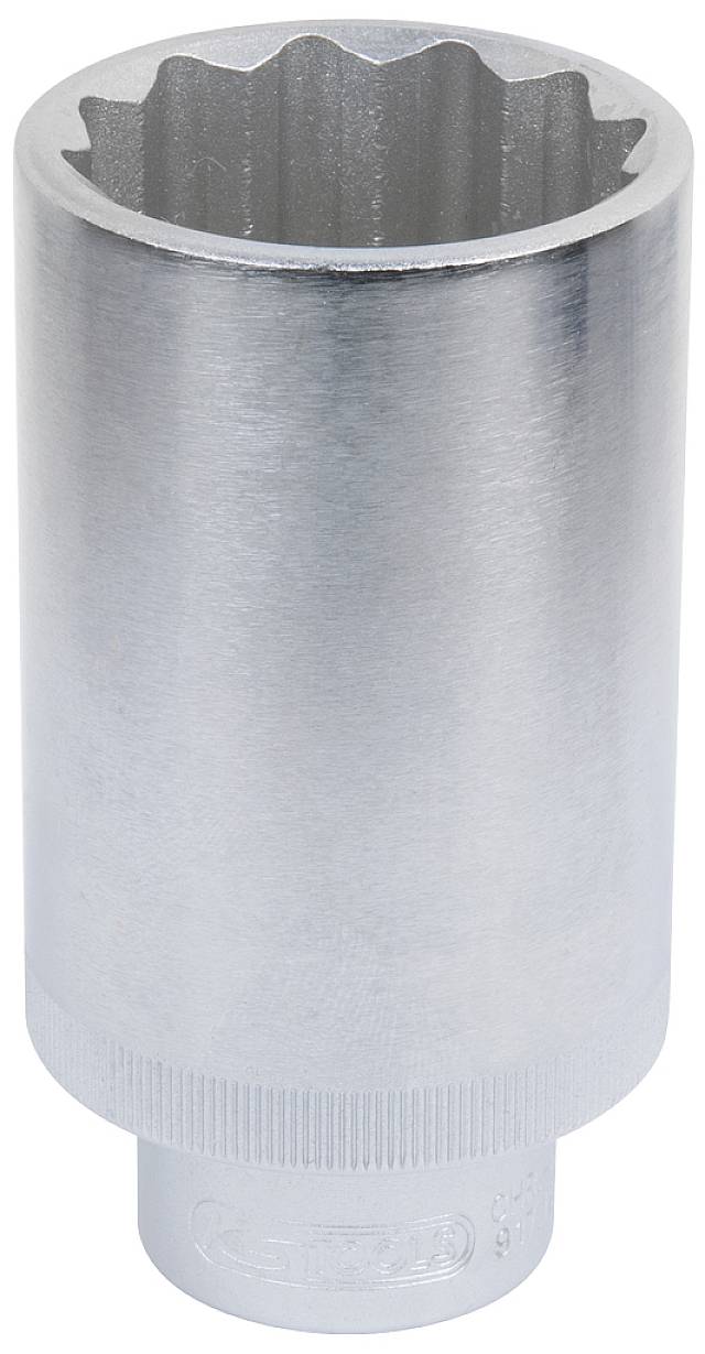 Metallische Stecknuss mit glatter Außenseite und Verzahnung innen, geeignet für Arbeiten zur Befestigung oder Lockerung von Schrauben.