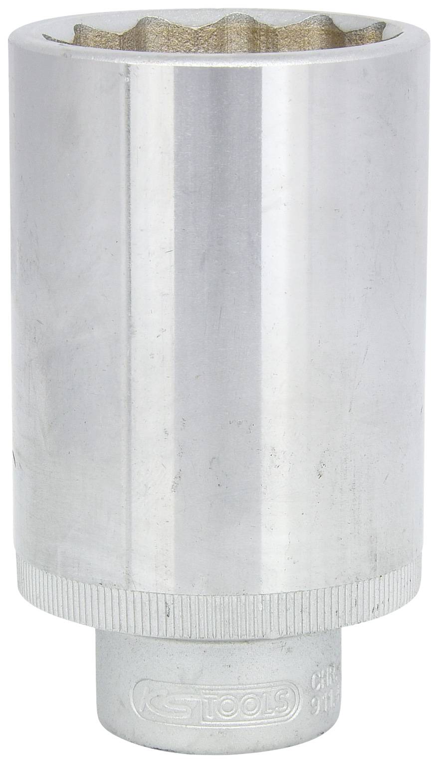Metallische Steckschlüssel-Einsatz mit gezahnter Öffnung, geeignet für Schrauben und Muttern, silberfarben, zylindrische Form.