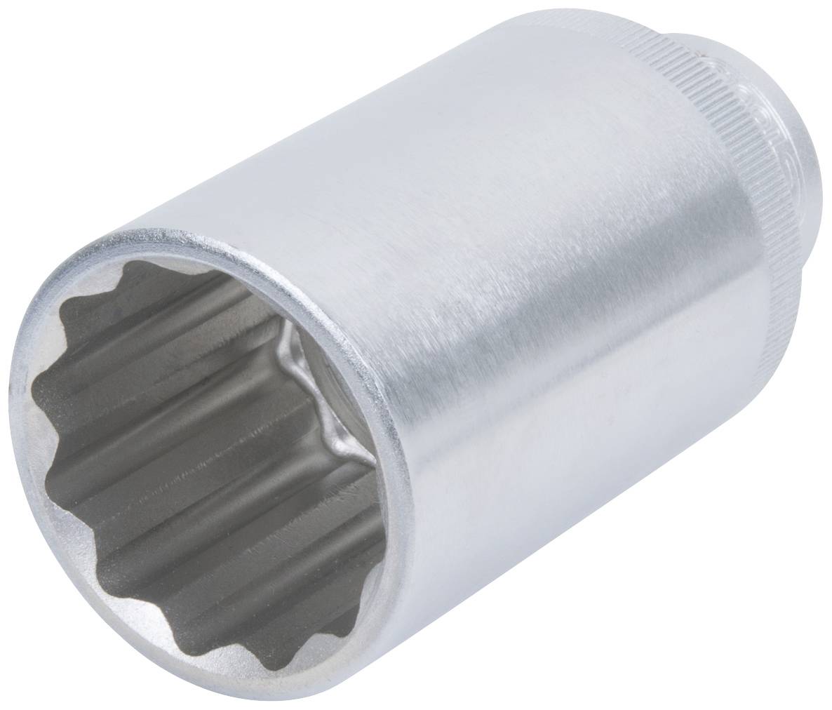 Ein sechskantiger Steckschlüsseleinsatz aus Metall, seitlich liegend, mit einem gezahnten Innenrand zur Befestigung an Schraubenschlüsseln.