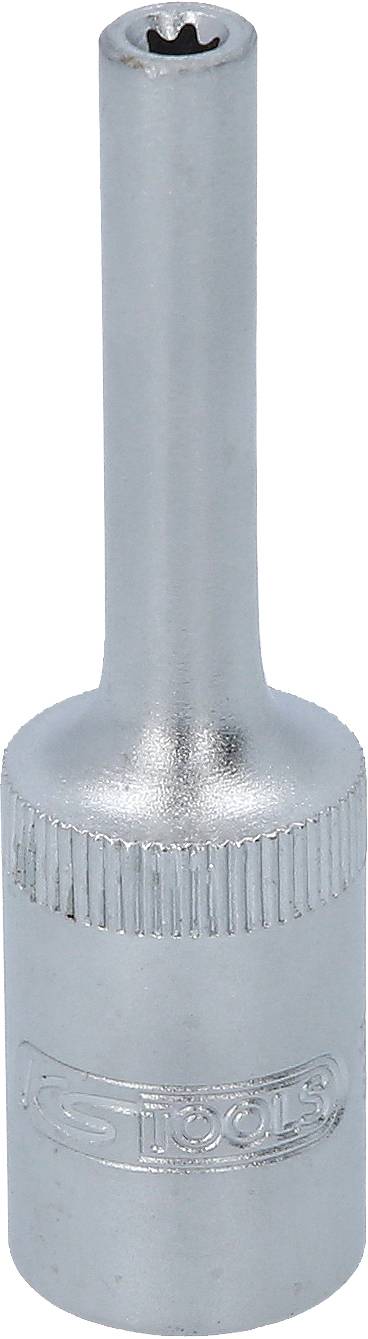 Ein silberner Steckschlüsselaufsatz mit einem länglichen Schaft und einer Torx-Öffnung am Ende, geeignet für Schraubarbeiten.