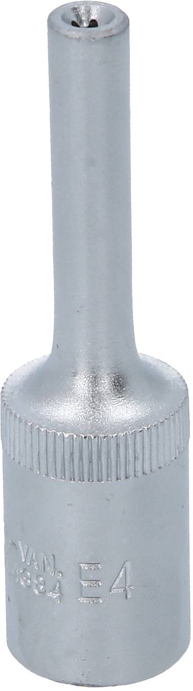 Ein silberfarbener Steckschlüsseleinsatz mit langem Hals, markiert mit 'E4' auf der Seite. Geeignet für spezielle Schraubverbindungen.