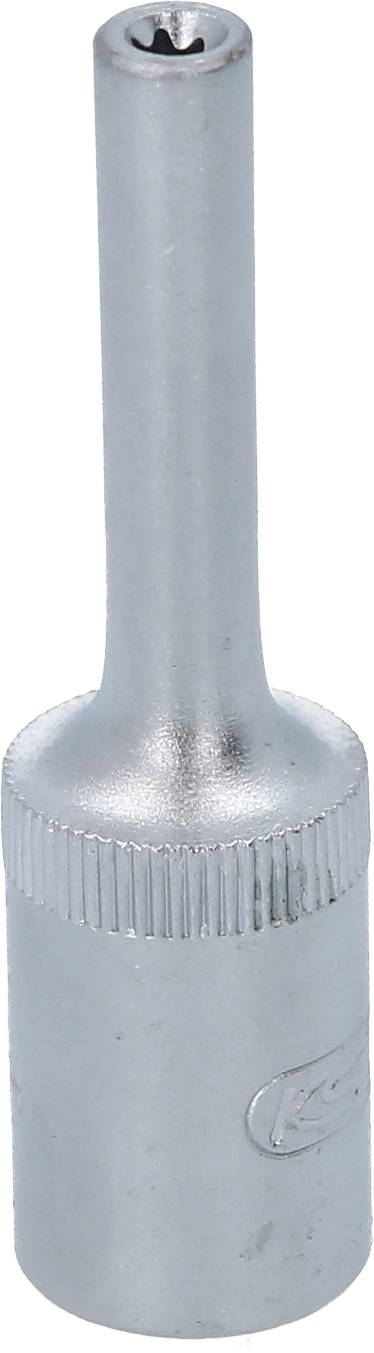 Ein silberner Steckschlüsselaufsatz mit geriffeltem Griff und einem sternförmigen Ende.