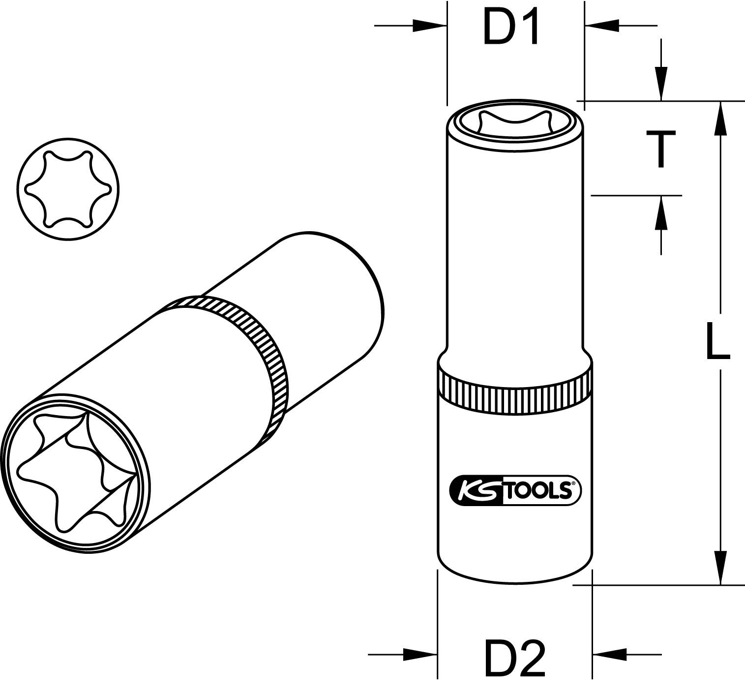 'KS TOOLS' Stecknuss-Diagramm mit Maßen: Durchmesser D1 und D2, Länge L, und Tiefe T. Zeigt Funktion und Größe der Nuss.
