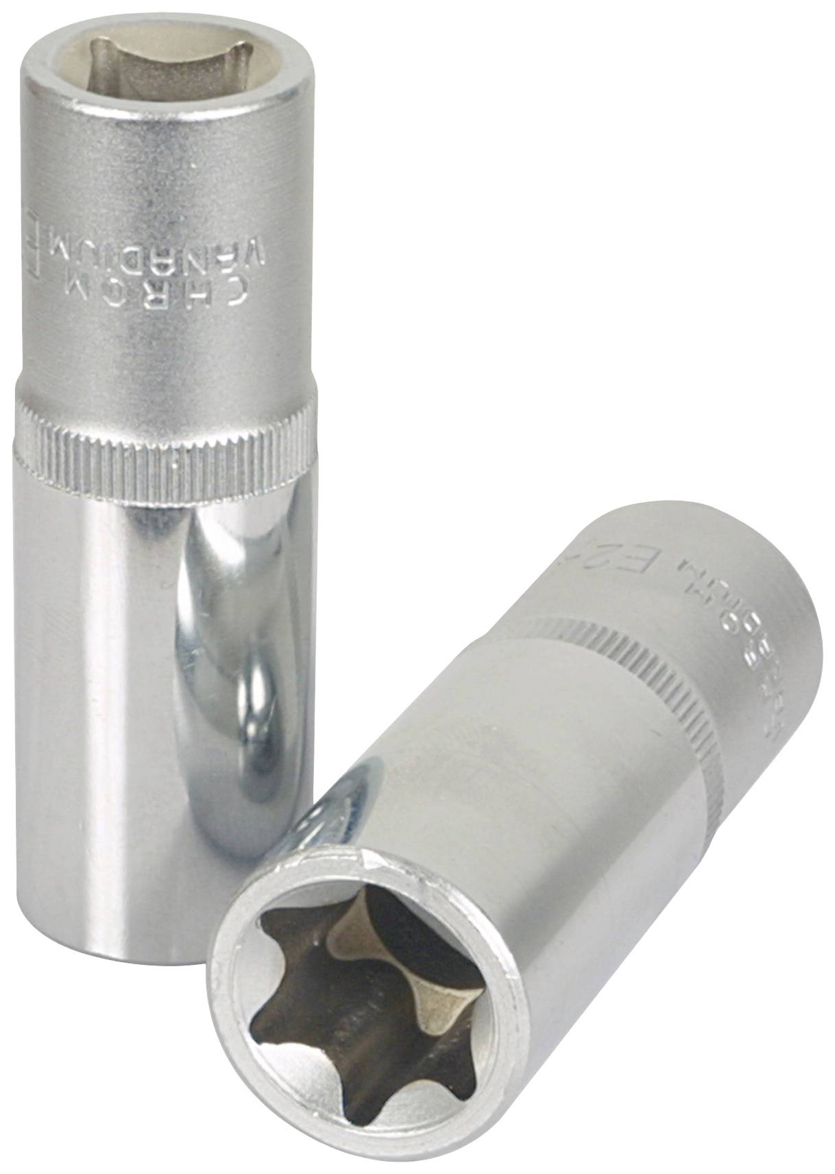 Zwei silberne Steckschlüssel für Schraubverbindungen, einer stehend, einer liegend, mit gerändelter Oberfläche für besseren Halt.