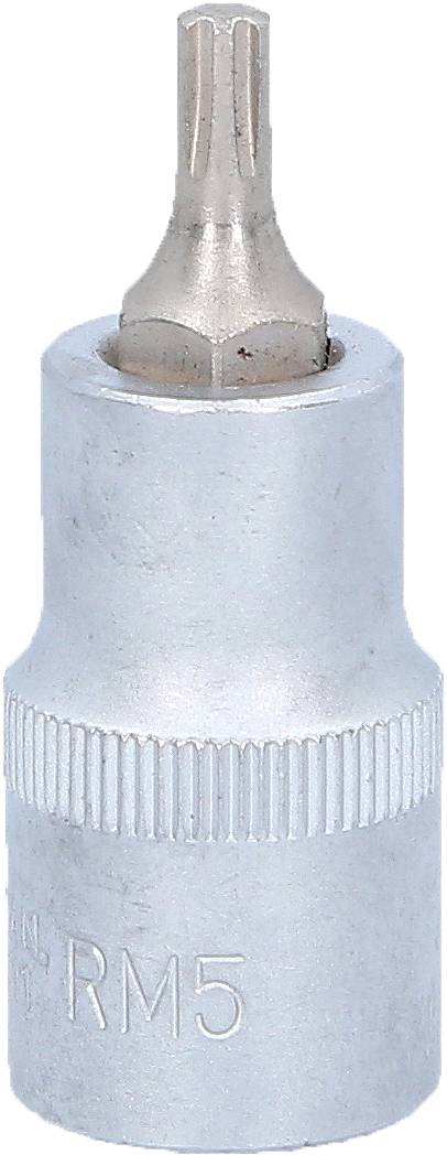 Ein silberner Bitaufsatz mit Sternform, ideal für Schrauben mit Innenstern-Antrieb. Markierung 'RM5' auf der Seite.