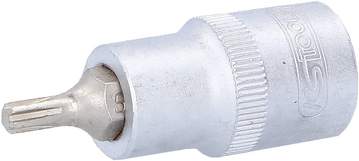 Metallbit-Einsatz mit geriffeltem Griff und sechskantigem Schaft, verwendet für das Anziehen oder Lösen von Schrauben mit Torx-Profil.