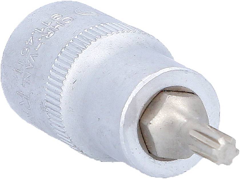 Metallischer Schraubenkopfaufsatz mit gezahntem Rand, der für Ratschen oder Schraubenschlüssel verwendet wird, liegt auf weißem Hintergrund.