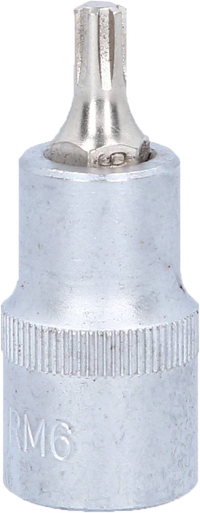 Ein silberner, metallischer Schraubendreher-Bit mit geriffeltem Griff und markiert mit 'RM6'.