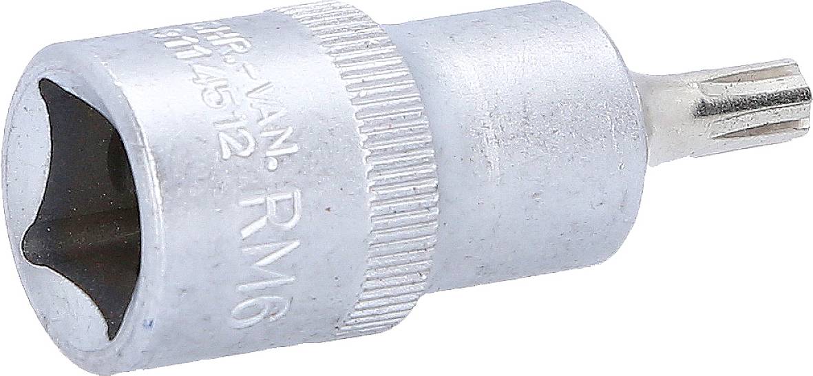 Metallische Stecknuss mit gerändeltem Griff und einem Torx-Schraubprofil, beschriftet mit 'RM6' und Nummern für technische Anwendungen.