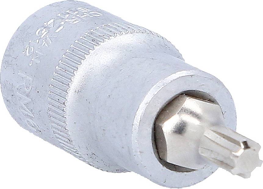 Ein silbernes Werkzeugaufsatz mit geriffelter Oberfläche und sternförmigem Bit, möglicherweise für Arbeiten an speziellen Schrauben.