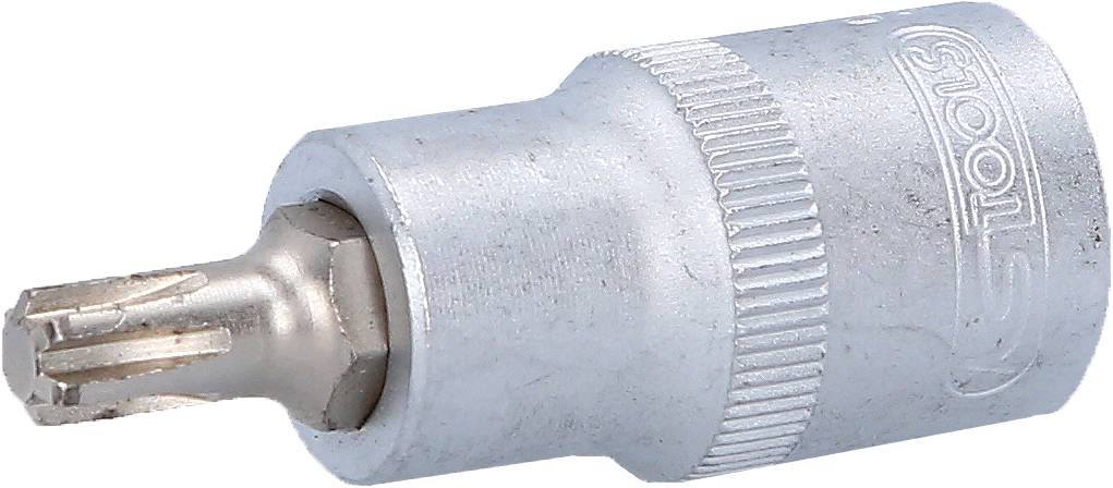 Ein silberner Metall-Bitaufsatz für Schrauben mit einem gezahnten Schraubkopf. Verwendet zum Anziehen oder Lösen von speziellen Schrauben.