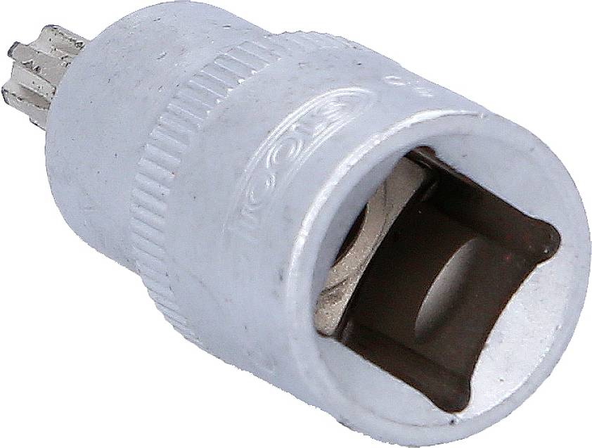 Ein silbernes Stecknusswerkzeug mit runder Öffnung und geriffelter Grifffläche, liegend in diagonaler Ausrichtung.