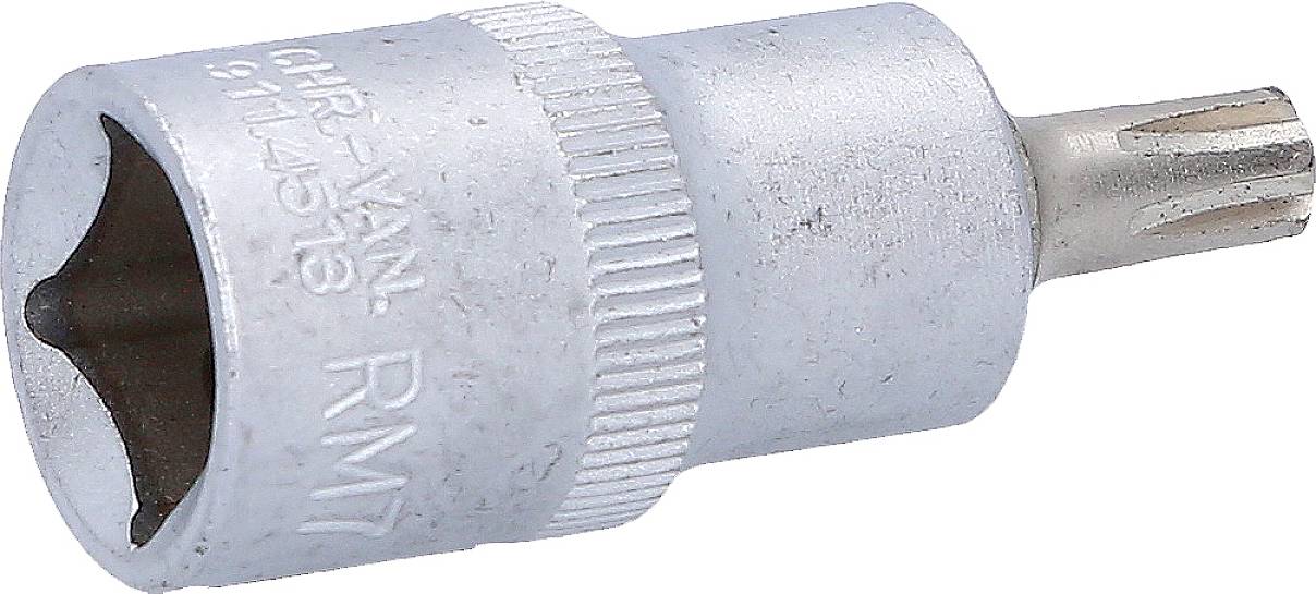 Ein silberner Steckschlüsselsatz-Aufsatz mit Torx-Kopf, seitlich graviert mit Produktdetails, verwendet für präzises Schrauben.