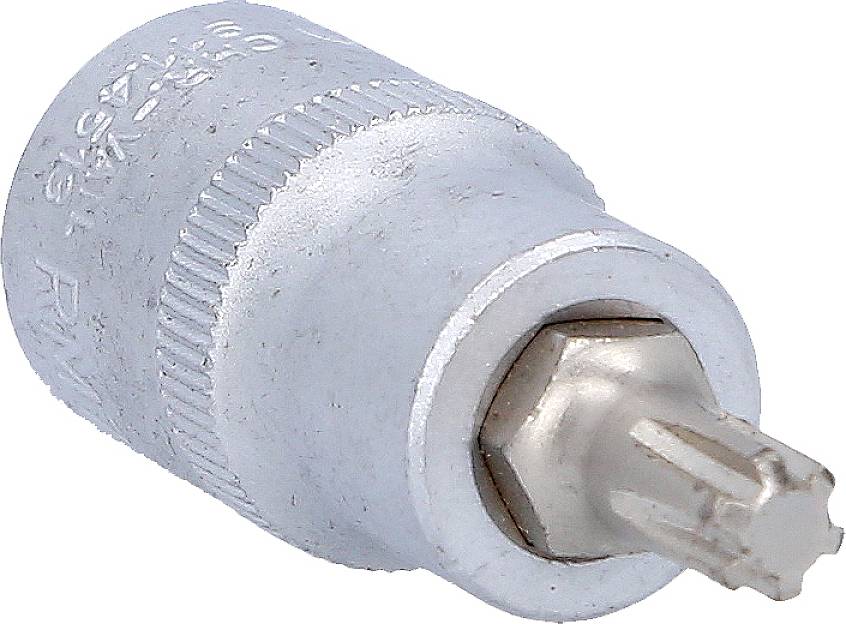 Ein silberner Schraubaufsatz mit geriffeltem Rand und einem sternförmigen Kopf, geeignet für spezifische Schraubtypen.