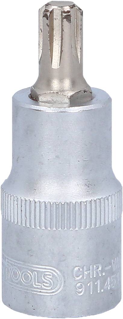 Silberne Achtzahn-Nuss mit Riffelung und Gravuren, verwendet für spezielle Schraubanwendungen in der Mechanik.