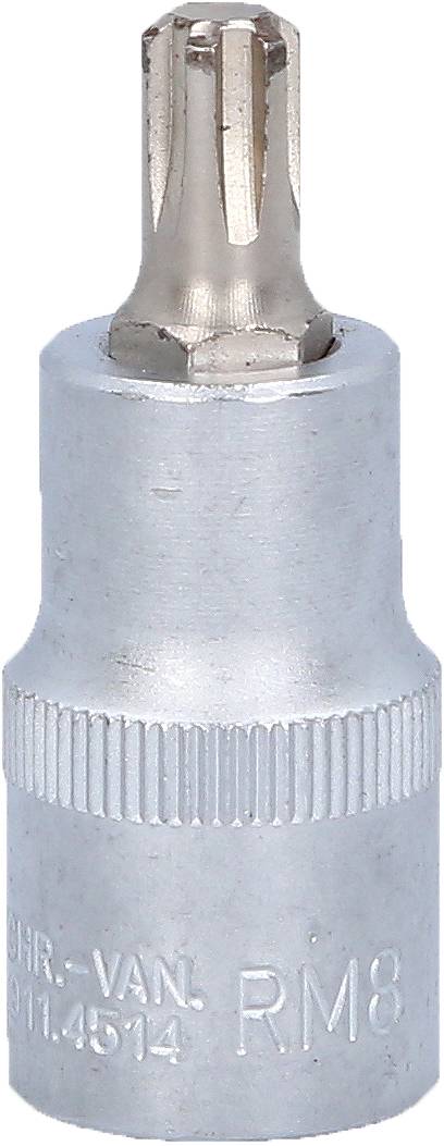 Ein silberner Torx-Bit-Aufsatz aus Metall, geeignet für Schraubarbeiten. Sechskantaufnahme und T-Profil zur Anwendung mit Werkzeugen.