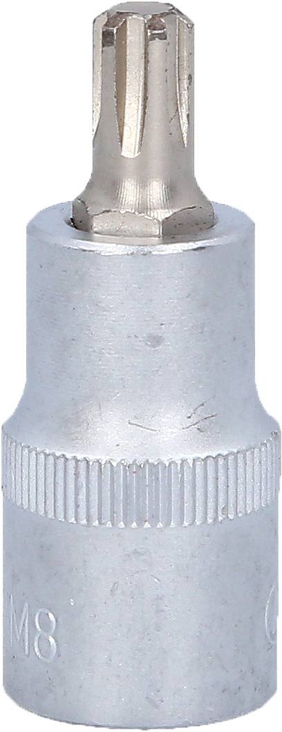 Ein silberner Torx-Schraubendreheraufsatz für einen Schraubenschlüssel oder ein Werkzeug, in zylindrischer Form mit einem sternförmigen Ende.