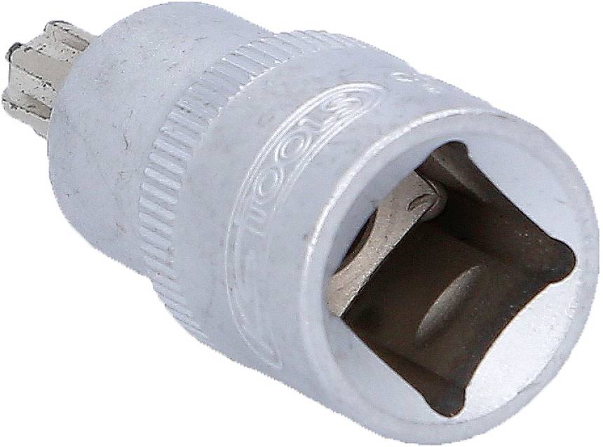 Silberne Stecknuss mit Innenvierkant und geriffeltem Griff; Werkzeug für die Aufnahme von Steckschlüsseleinsätzen.